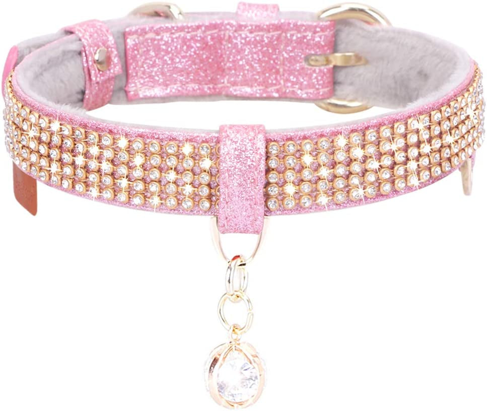 Petshome Cat Collar, Dog Collar, [Bling Rhinestones] Premium PU Leather with Pendant Adjustable Collars for Small to Medium Dog Medium Pink