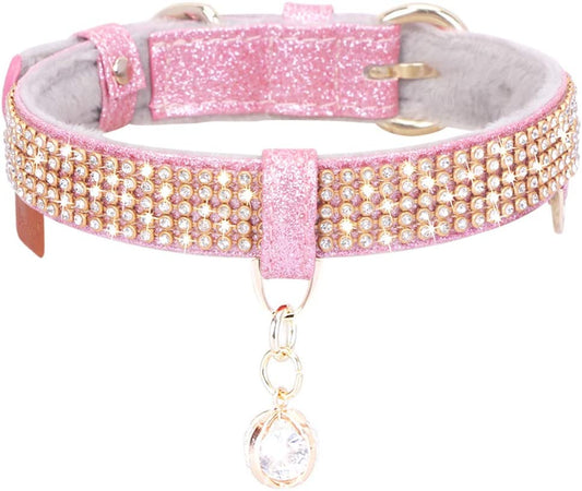 Petshome Cat Collar, Dog Collar, [Bling Rhinestones] Premium PU Leather with Pendant Adjustable Collars for Small to Medium Dog Medium Pink