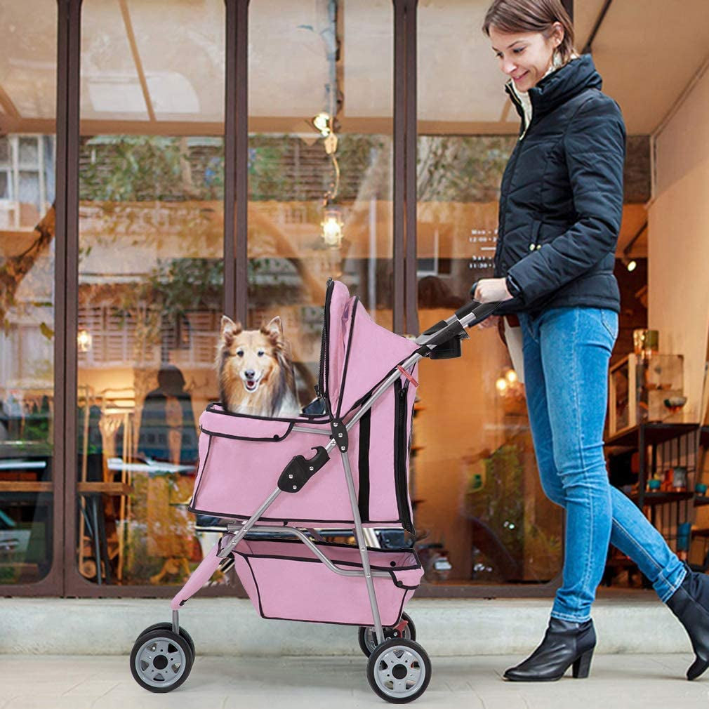 Bestpet 3 Wheels Pet Stroller Dog Stroller Cat Cage Jogger Stroller Cats Travel Folding Carrier Waterproof Puppy Stroller with Cup Holder & Removable Liner (Pink)