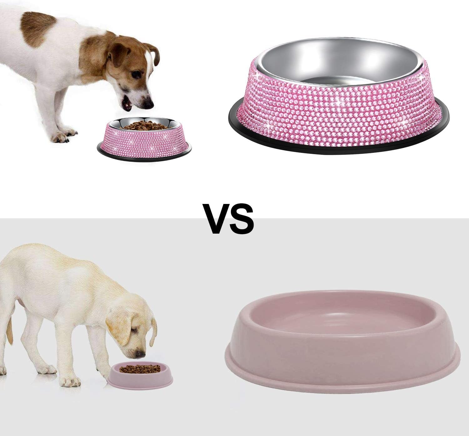 SAVORI Bling Dog Bowls Pink, 640ML Handmade Bling Rhinestones Stainless Steel Pet Bowls Double Food Water Feeder for Puppy Cats Dogs - Set of 2