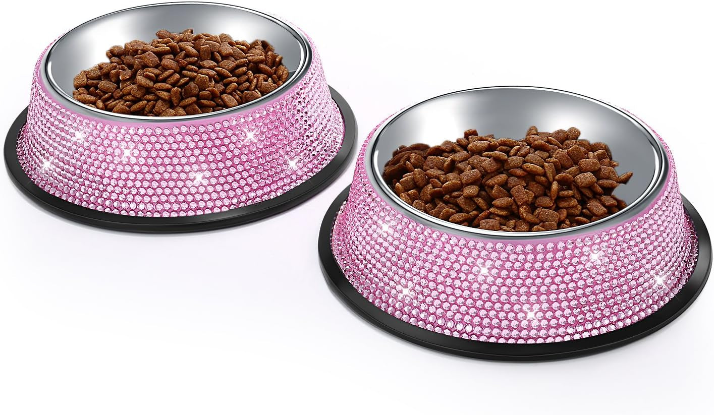 SAVORI Bling Dog Bowls Pink, 640ML Handmade Bling Rhinestones Stainless Steel Pet Bowls Double Food Water Feeder for Puppy Cats Dogs - Set of 2