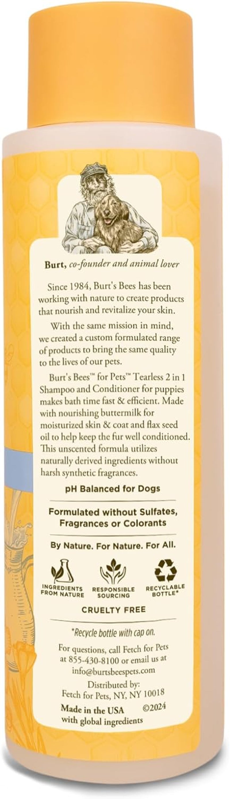 Burt'S Bees for Pets Puppies Natural Tearless 2 in 1 Shampoo and Conditioner - Made with Buttermilk and Flax Seed Oil - Best Tearless Puppy Shampoo for Gentle Skin and Coat - Made in USA, 16 Oz