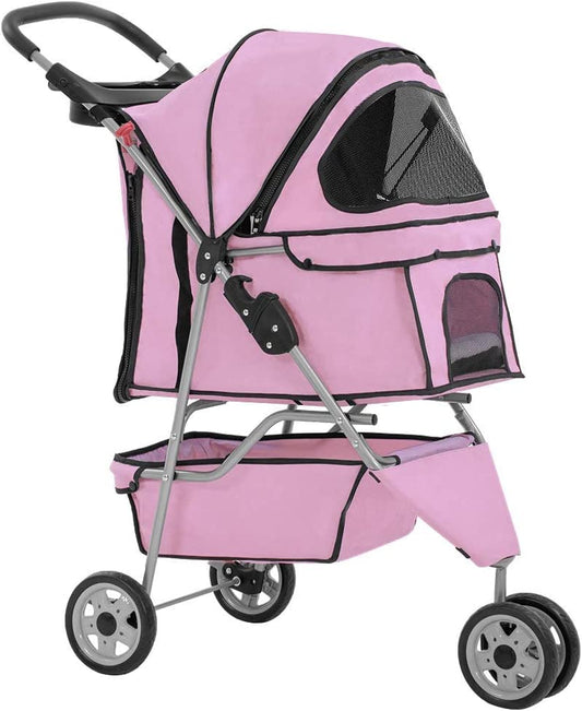 Bestpet 3 Wheels Pet Stroller Dog Stroller Cat Cage Jogger Stroller Cats Travel Folding Carrier Waterproof Puppy Stroller with Cup Holder & Removable Liner (Pink)