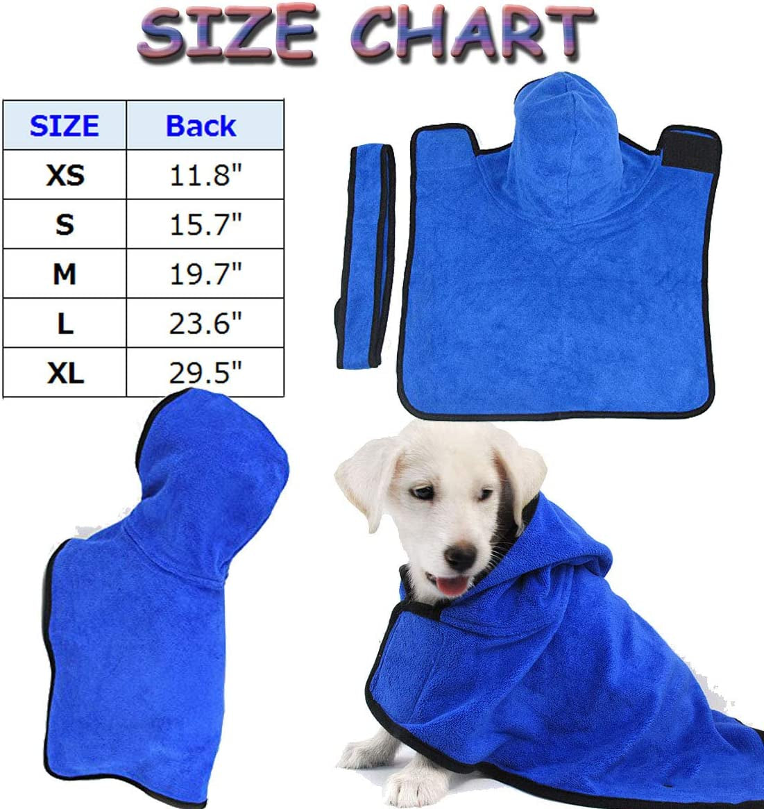 Bonaweite Microfiber Dog Bathrobe, Quick Drying Pet Bath Robe, Pets Super Absorbent Towel for Dogs and Cats, Machine Washable-Blue