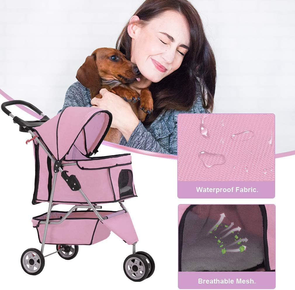 Bestpet 3 Wheels Pet Stroller Dog Stroller Cat Cage Jogger Stroller Cats Travel Folding Carrier Waterproof Puppy Stroller with Cup Holder & Removable Liner (Pink)