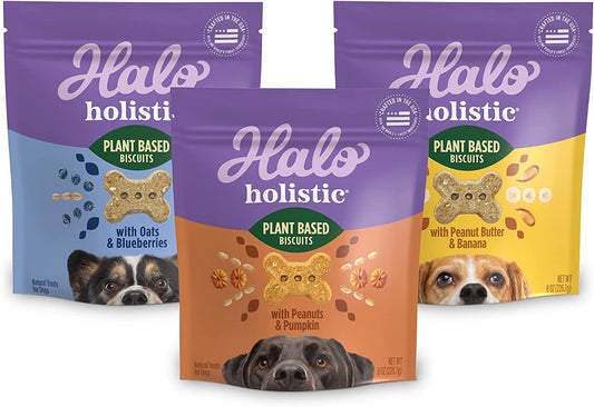 Halo Plant-Based Dog Treats Variety Pack, Oats & Blueberries, Peanut Butter & Banana, Peanuts & Pumpkin, Vegan Dog Treat Pouch, 8Oz Bag, 3 Count