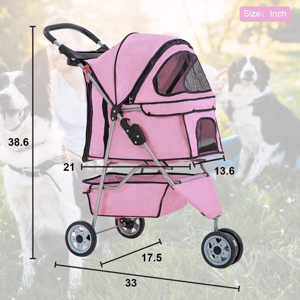 Bestpet 3 Wheels Pet Stroller Dog Stroller Cat Cage Jogger Stroller Cats Travel Folding Carrier Waterproof Puppy Stroller with Cup Holder & Removable Liner (Pink)