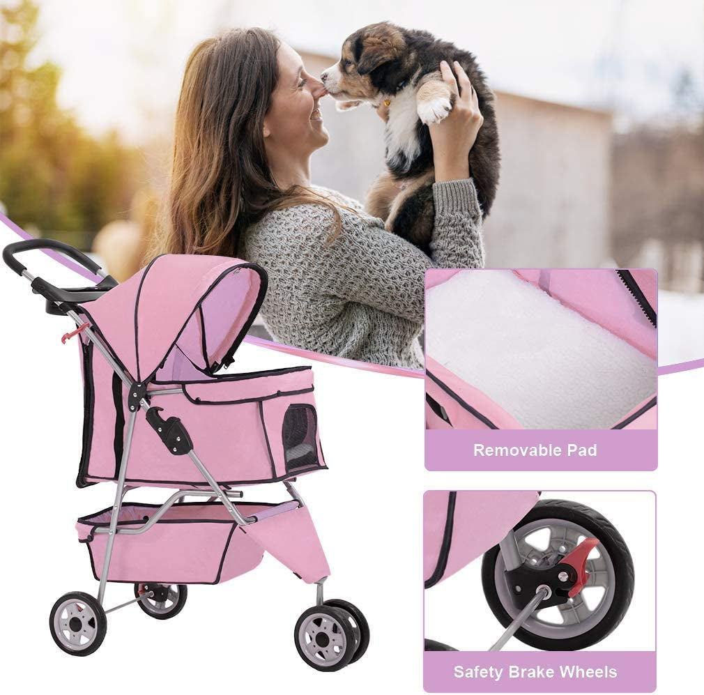 Bestpet 3 Wheels Pet Stroller Dog Stroller Cat Cage Jogger Stroller Cats Travel Folding Carrier Waterproof Puppy Stroller with Cup Holder & Removable Liner (Pink)