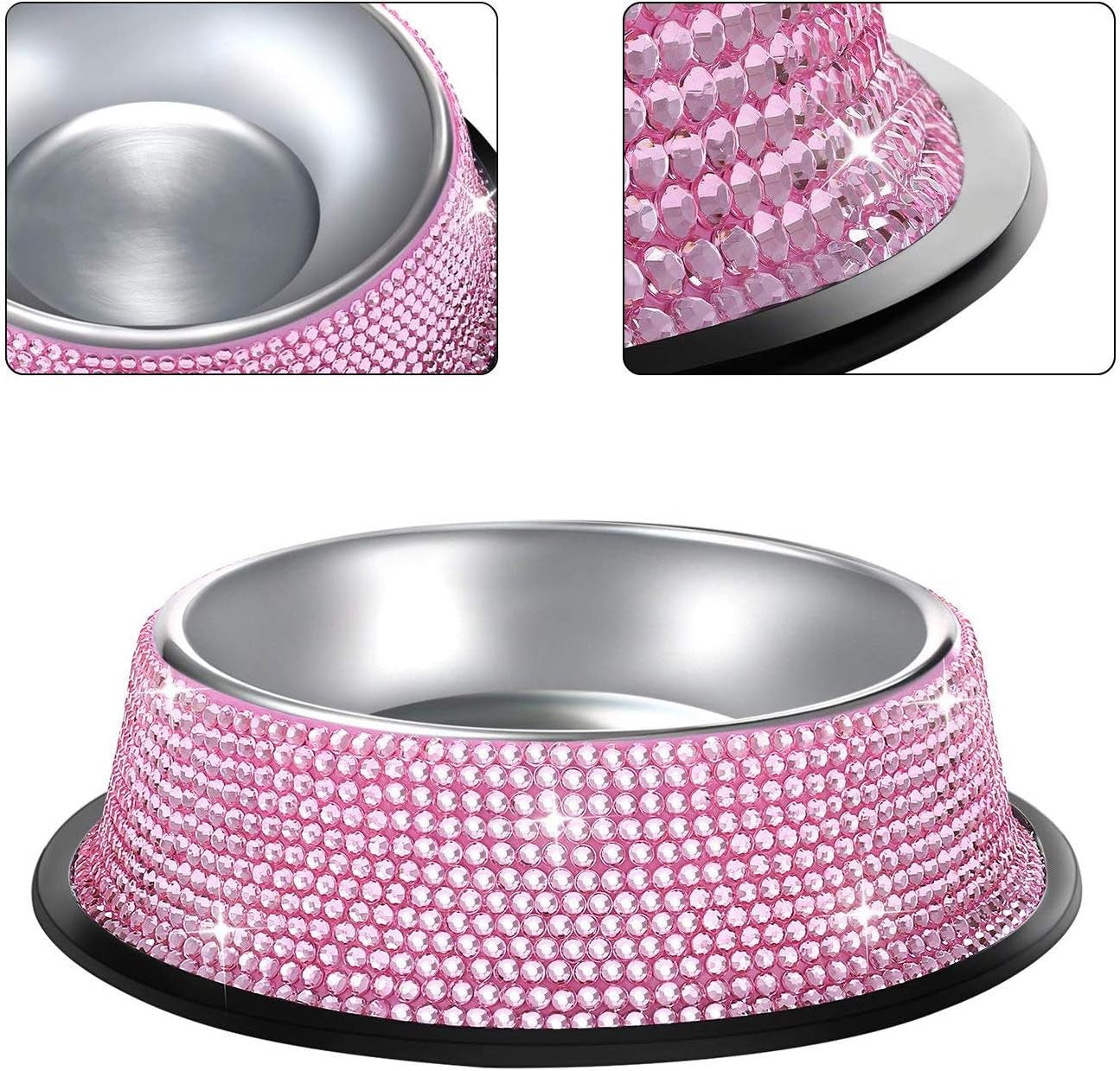 SAVORI Bling Dog Bowls Pink, 640ML Handmade Bling Rhinestones Stainless Steel Pet Bowls Double Food Water Feeder for Puppy Cats Dogs - Set of 2