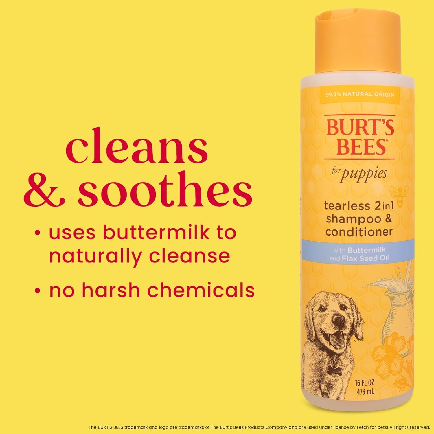 Burt'S Bees for Pets Puppies Natural Tearless 2 in 1 Shampoo and Conditioner - Made with Buttermilk and Flax Seed Oil - Best Tearless Puppy Shampoo for Gentle Skin and Coat - Made in USA, 16 Oz