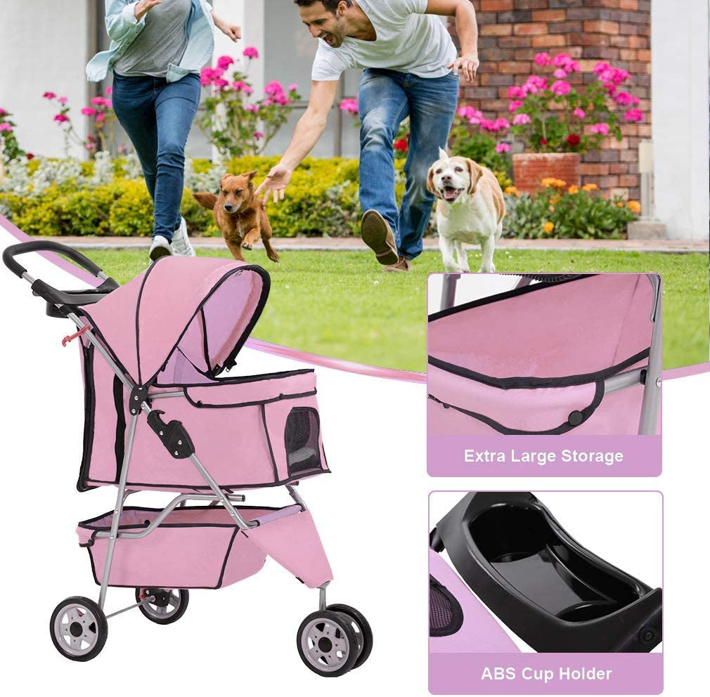 Bestpet 3 Wheels Pet Stroller Dog Stroller Cat Cage Jogger Stroller Cats Travel Folding Carrier Waterproof Puppy Stroller with Cup Holder & Removable Liner (Pink)