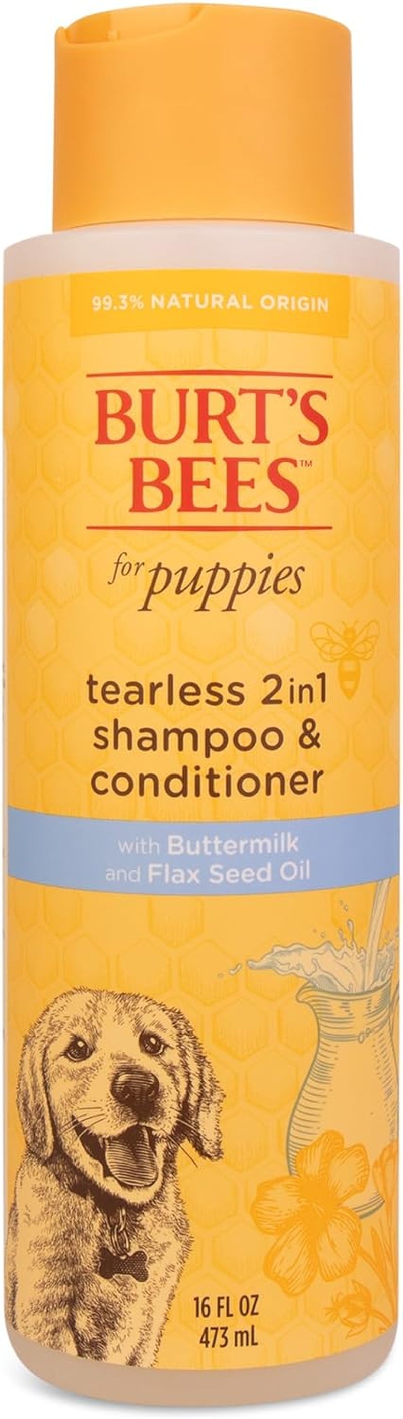 Burt'S Bees for Pets Puppies Natural Tearless 2 in 1 Shampoo and Conditioner - Made with Buttermilk and Flax Seed Oil - Best Tearless Puppy Shampoo for Gentle Skin and Coat - Made in USA, 16 Oz