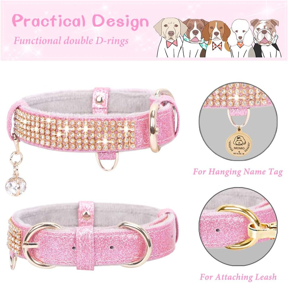 Petshome Cat Collar, Dog Collar, [Bling Rhinestones] Premium PU Leather with Pendant Adjustable Collars for Small to Medium Dog Medium Pink