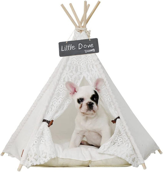 Little Dove Pet Teepee Dog(Puppy) & Cat Bed - Portable Pet Tents & Houses for Dog(Puppy) & Cat Lace Style 24 Inch No Cushion