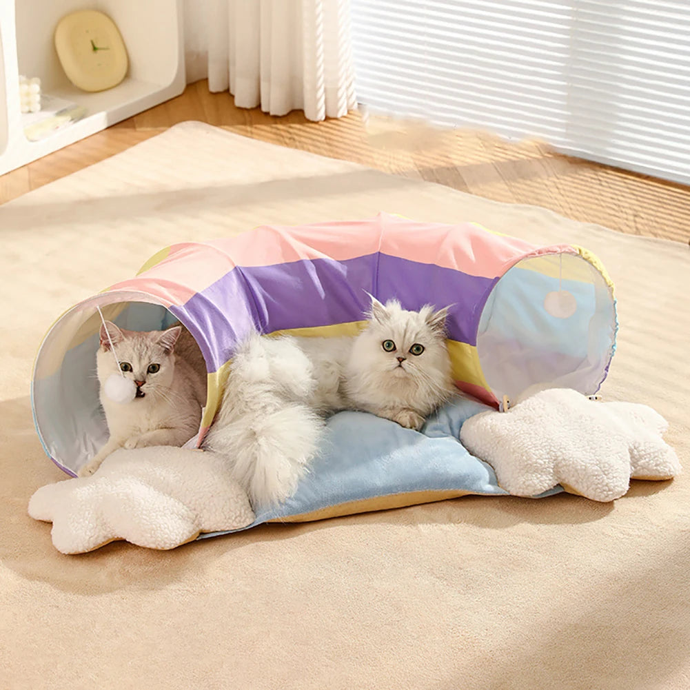 Cat Tubes and Tunnels Cat Tunnel Bed with Removable Cathole Tube Velvet Cushion Pet Snuggery Hideout for Rabbit Kitten Puppy