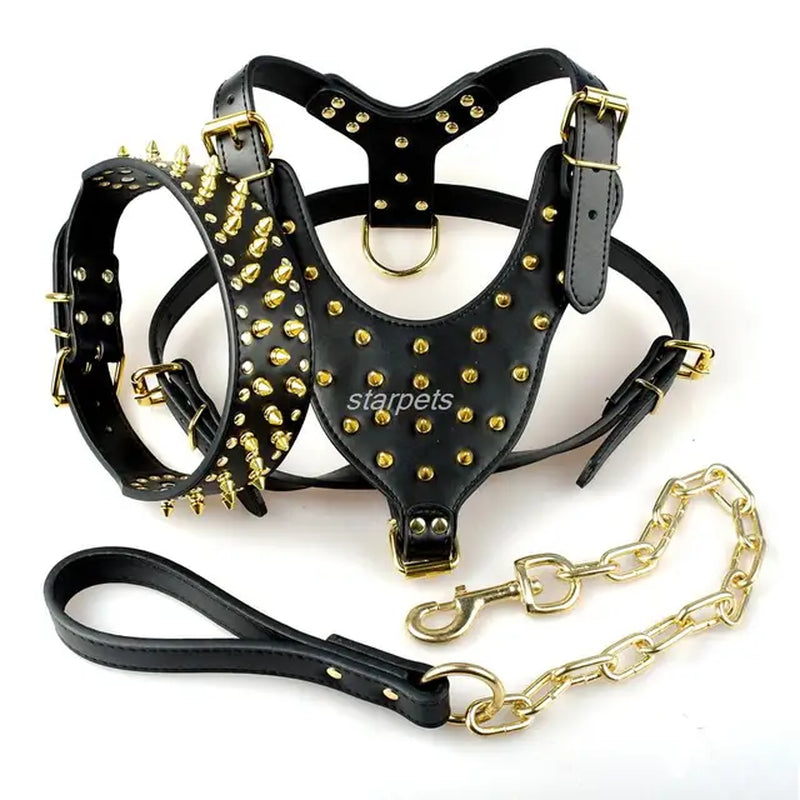 Cool Spiked Studded Leather Dog Harness Rivets Collar and Leash Set for Medium Large Dogs Pitbull Bulldog Bull Terrier 26"-34"