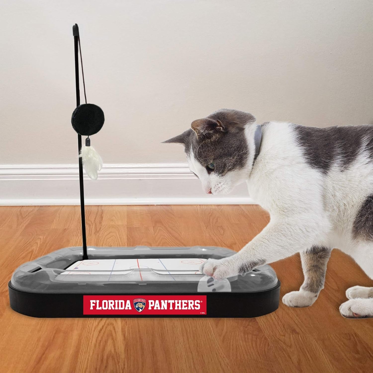 Cat Scratching Toy NHL FLORIDA PANTHERS Hockey Field Cat Scratcher Toy with Interactive Cat Ball Bell in Tracks. 5-In-1 CAT TOY: Cat Wand Poll with CATNIP FILLED Plush Hockey Puck & Feathers.