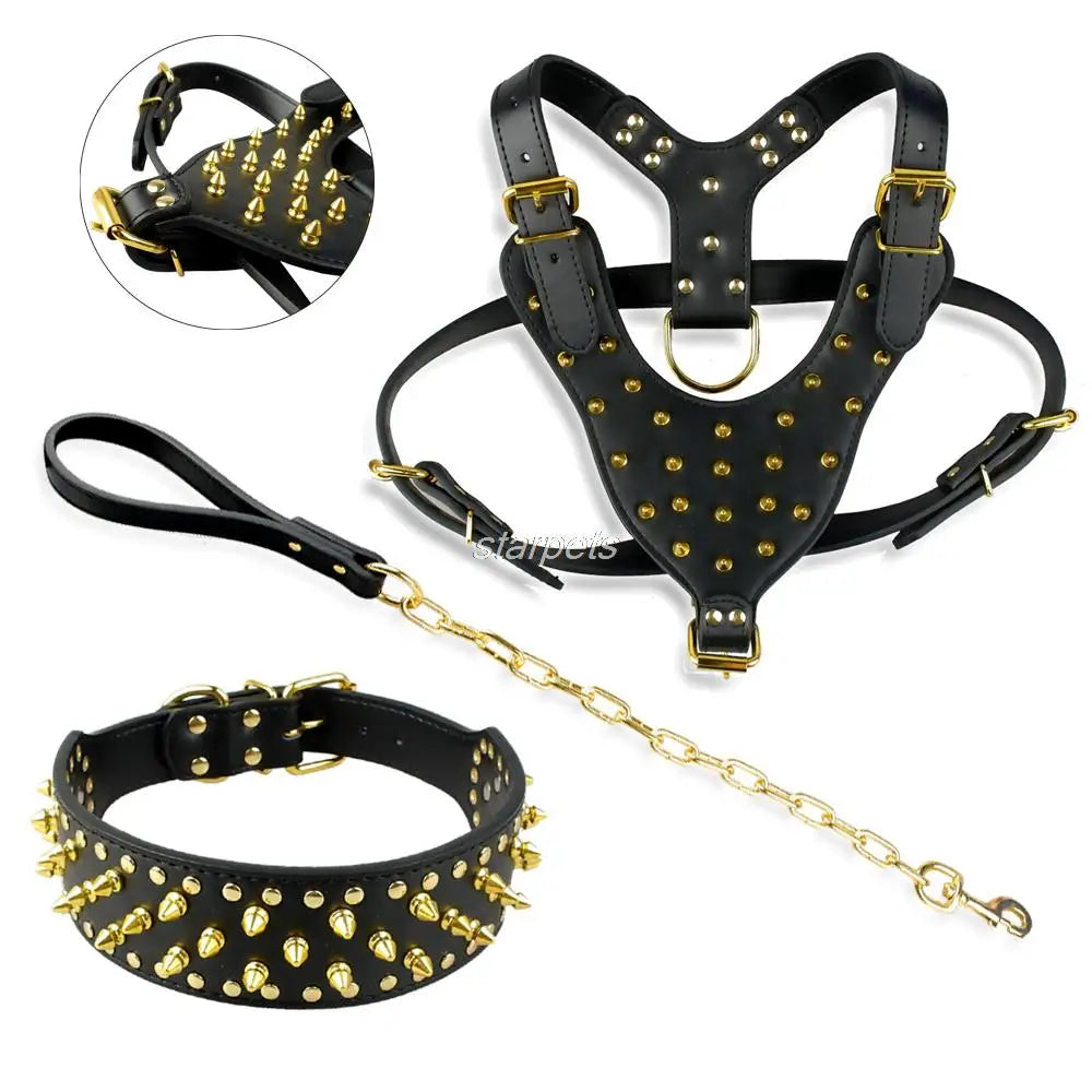 Cool Spiked Studded Leather Dog Harness Rivets Collar and Leash Set for Medium Large Dogs Pitbull Bulldog Bull Terrier 26"-34"