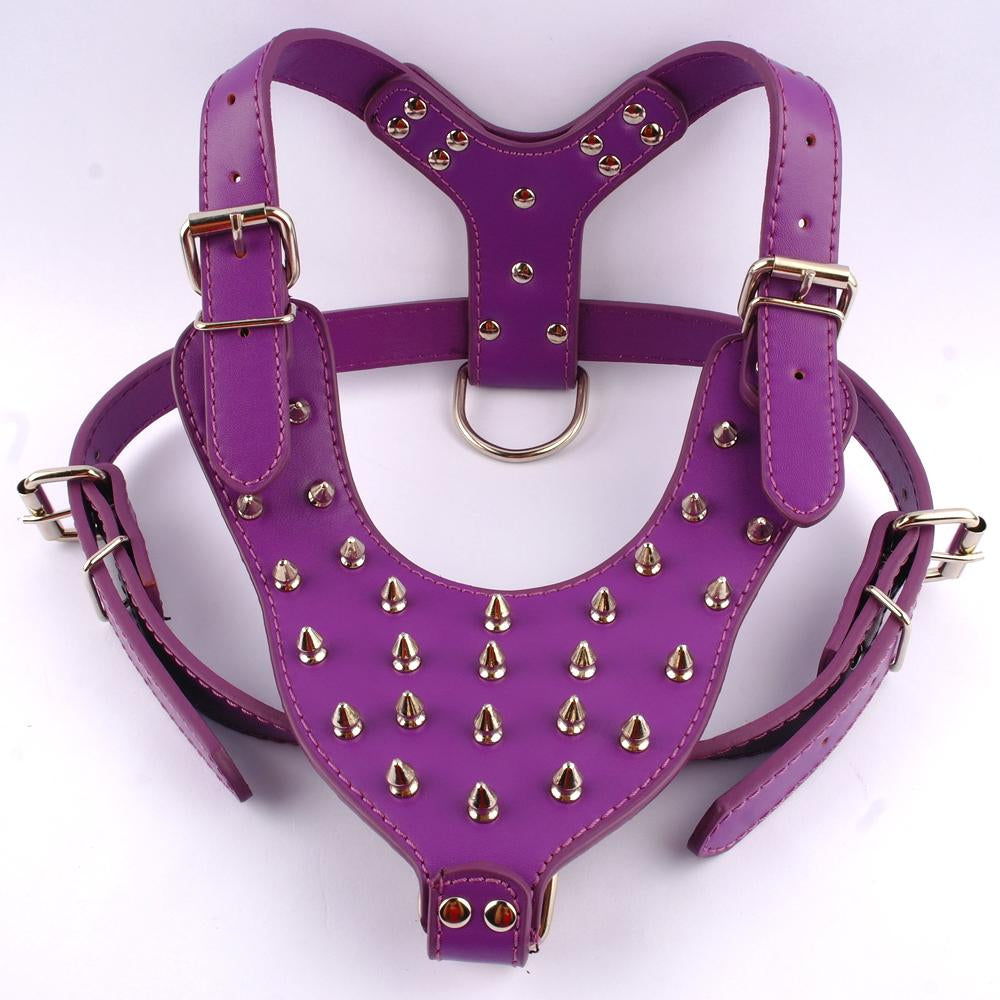 Purple Adjustable Cool Spiked Studded Leather Dog Harness Collar Leash Set for Large Dog Pitbull Boxer Mastiff Amstaff M L XL