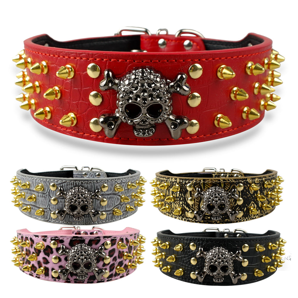 2" Wide Spiked Studded Leather Dog Collar Bullet Rivets with Cool Skull Pet Accessories for Meduim Large Dogs Pitbull Boxer S-XL