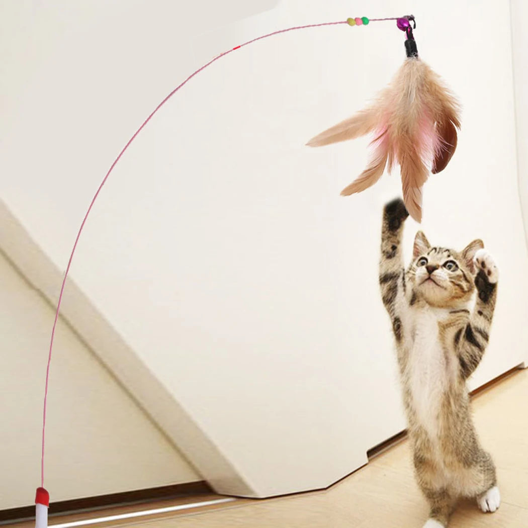 1Pc Cat Toy Stick Feather Wand with Bell Mouse Cage Toys Plastic Artificial Colorful Cat Teaser Toy Pet Supplies Random Color