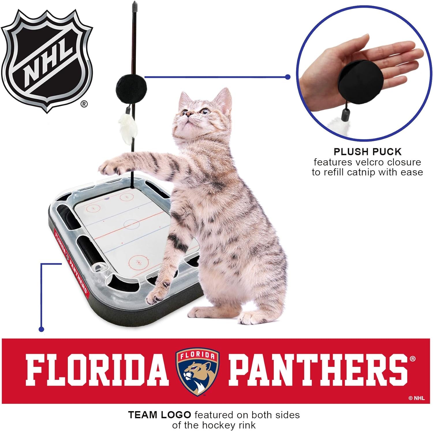 Cat Scratching Toy NHL FLORIDA PANTHERS Hockey Field Cat Scratcher Toy with Interactive Cat Ball Bell in Tracks. 5-In-1 CAT TOY: Cat Wand Poll with CATNIP FILLED Plush Hockey Puck & Feathers.