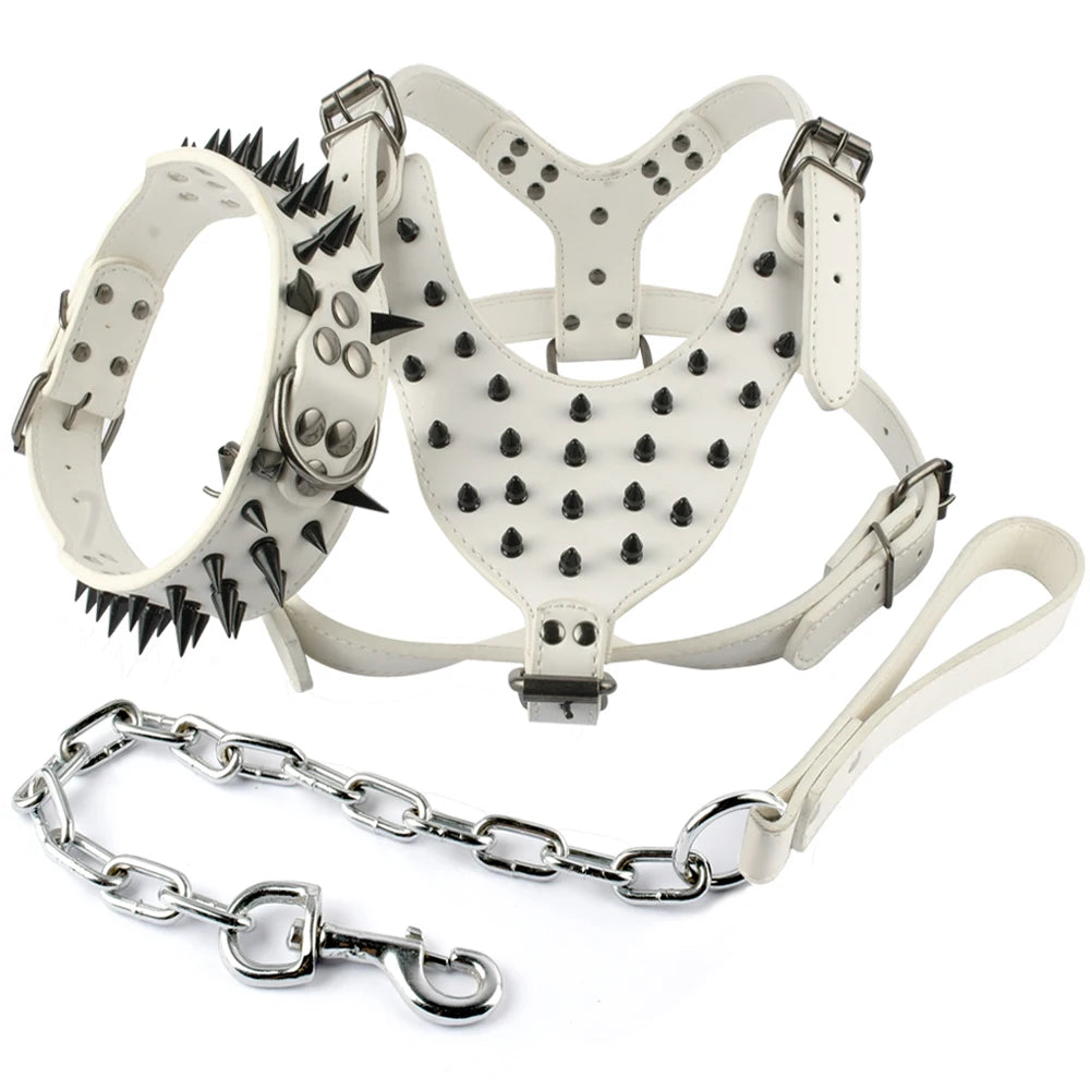 Cool Spiked Studded Leather Dog Harness Rivets Collar and Leash Set for Medium Large Dogs Pitbull Bulldog Bull Terrier 26"-34"