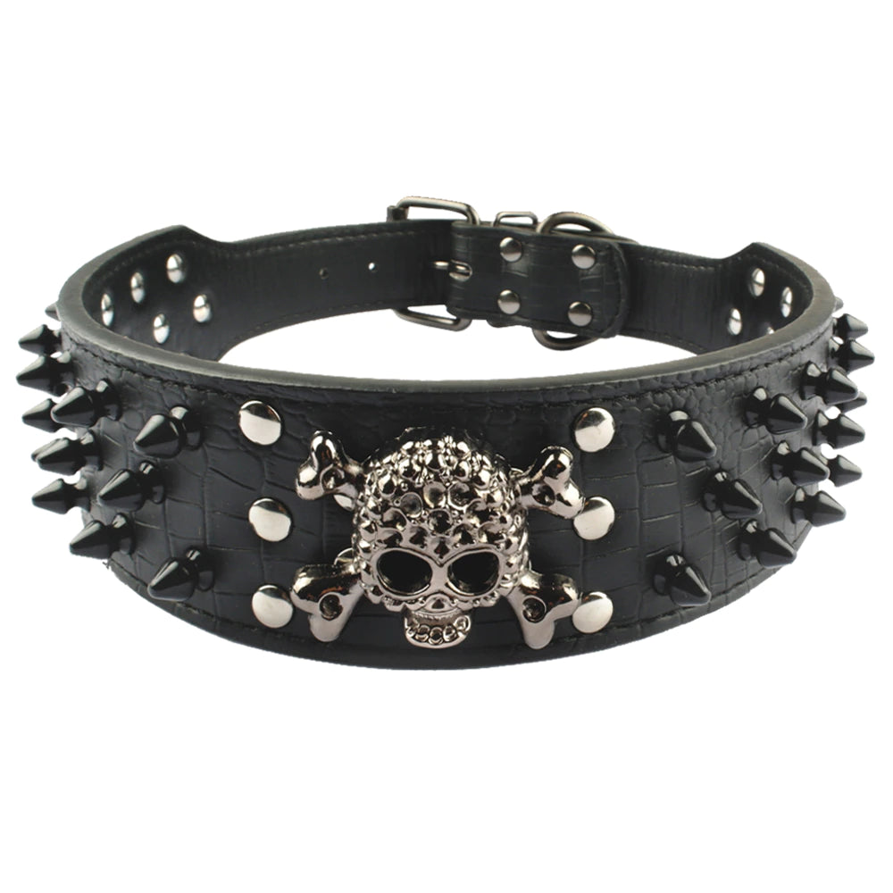 2" Wide Spiked Studded Leather Dog Collar Bullet Rivets with Cool Skull Pet Accessories for Meduim Large Dogs Pitbull Boxer S-XL