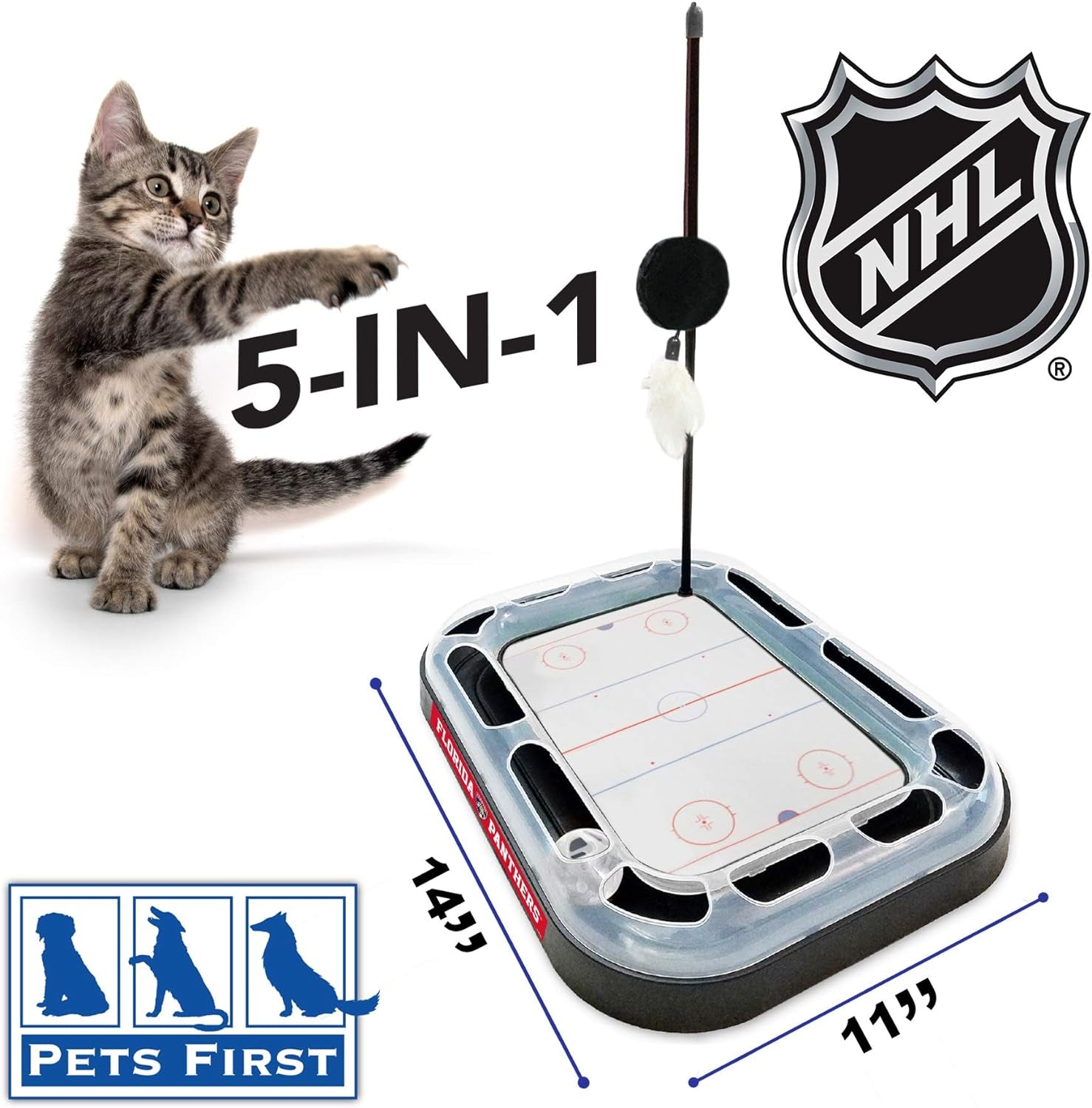 Cat Scratching Toy NHL FLORIDA PANTHERS Hockey Field Cat Scratcher Toy with Interactive Cat Ball Bell in Tracks. 5-In-1 CAT TOY: Cat Wand Poll with CATNIP FILLED Plush Hockey Puck & Feathers.