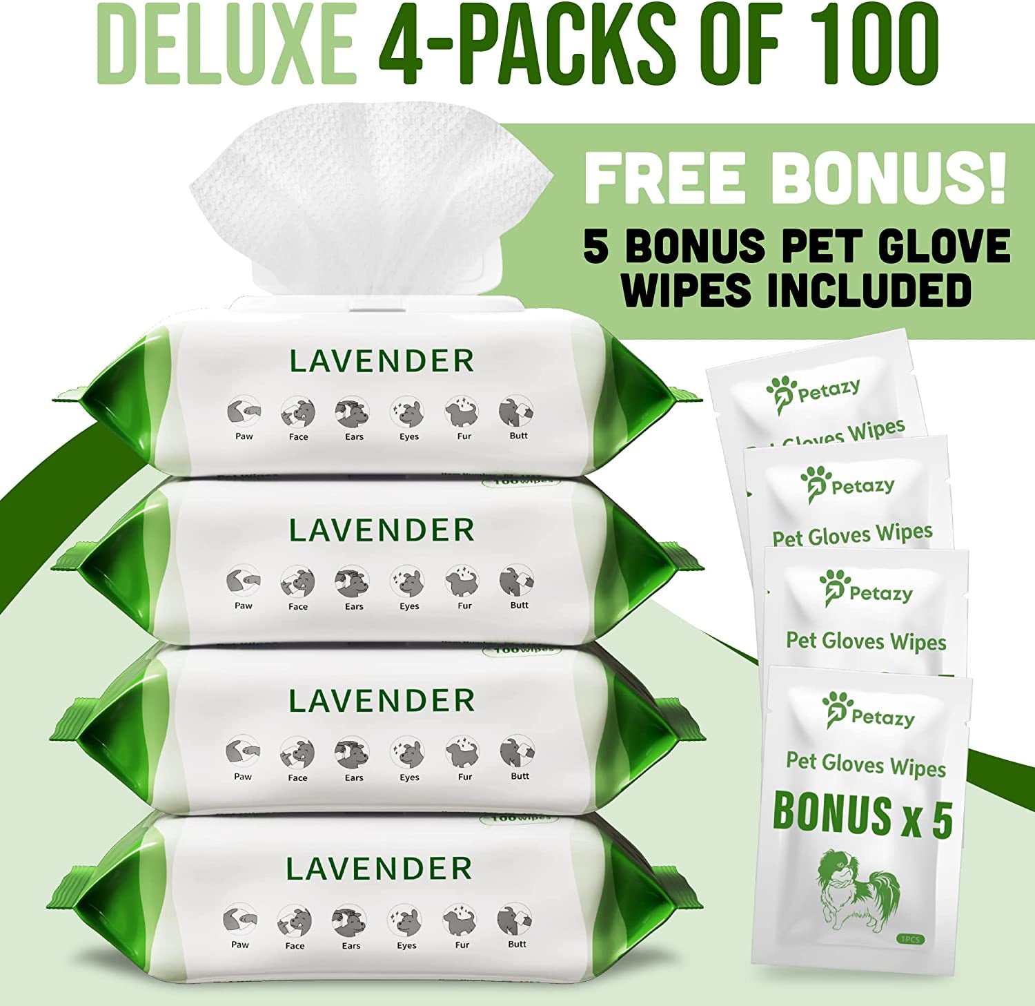 400 Dog Wipes for Paws and Butt Ears Eyes | Organic Pet Wipes for Dogs | Lavender Scented Dog Wipes Cleaning Deodorizing | Extra Thick Paw Wipes for Dogs Cats Pets | Bonus Glove Wipes Included