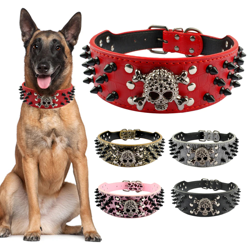 2" Wide Spiked Studded Leather Dog Collar Bullet Rivets with Cool Skull Pet Accessories for Meduim Large Dogs Pitbull Boxer S-XL