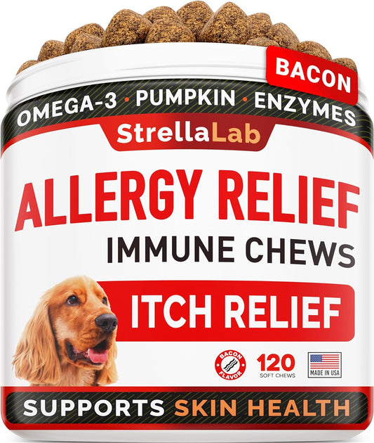 Dog Allergy Relief + Dog Itchy Skin Treatment with Omega 3 & Pumpkin, Dogs Itching and Licking Treats, Dog Itch Relief Chew, Allergy Supplement, Hotspot Relief for Dogs, anti Itch Support