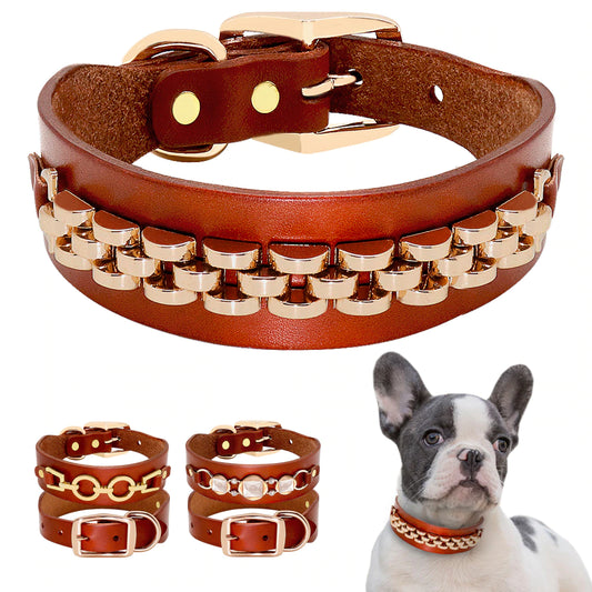 Fashion Leather Dog Collar French Bulldog Rhinestone Pet Collar Perro for Small Medium Dogs Metal Accessories Pet Collars