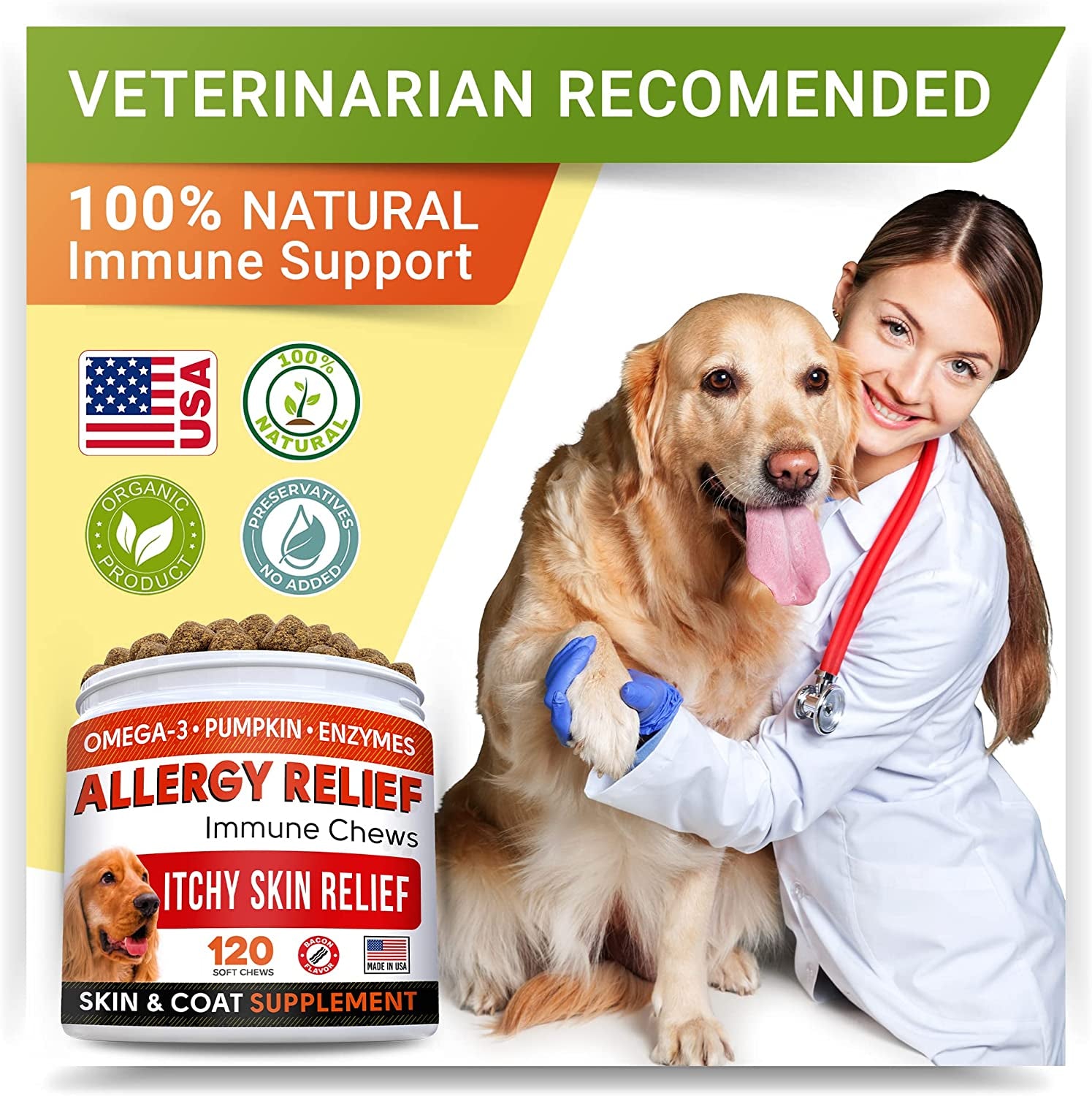 Dog Allergy Relief + Dog Itchy Skin Treatment with Omega 3 & Pumpkin, Dogs Itching and Licking Treats, Dog Itch Relief Chew, Allergy Supplement, Hotspot Relief for Dogs, anti Itch Support