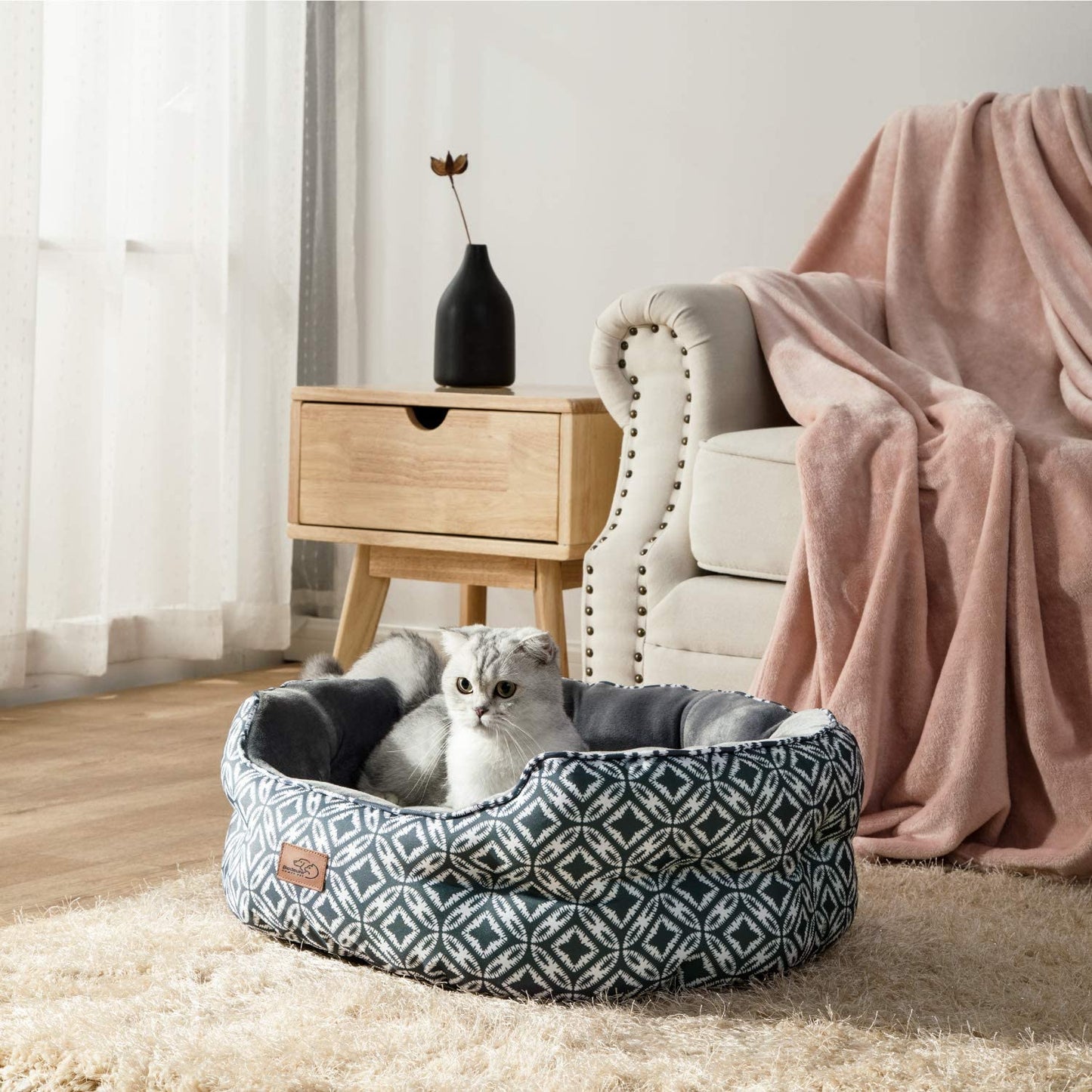 Small Dog Bed for Small Dogs, Indoor Cats, round Super Soft Plush Flannel Washable Puppy Beds, Slip-Resistant Oxford Bottom, Coin Print Grey