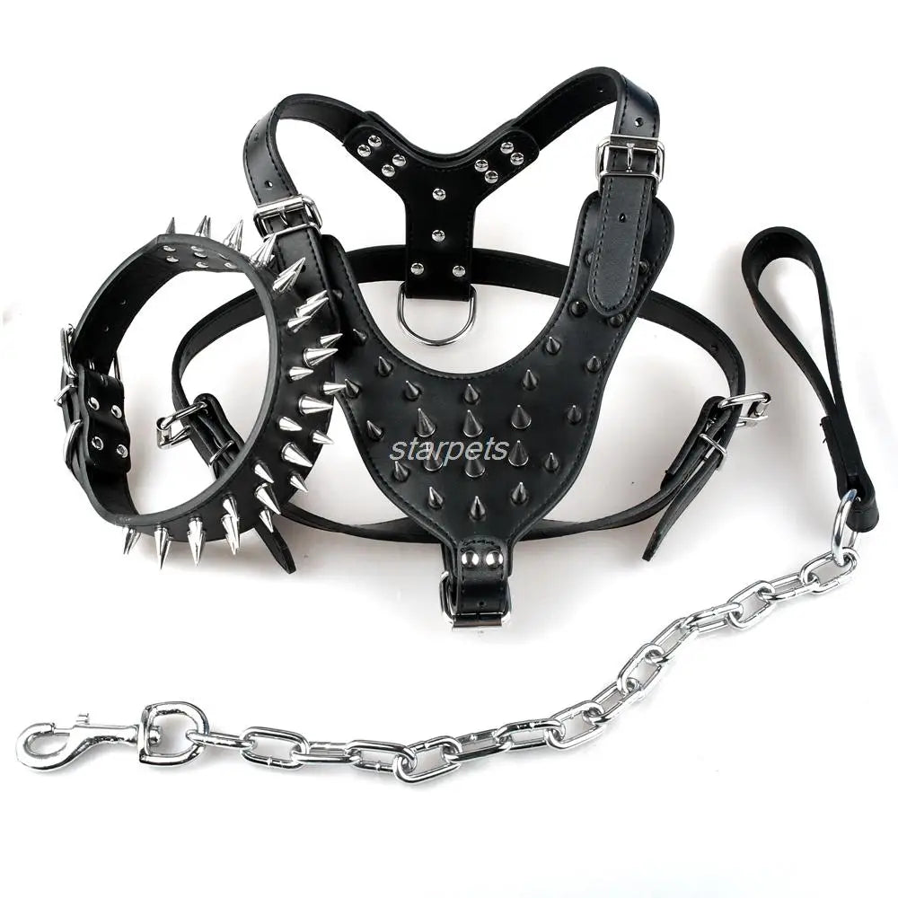 Cool Spiked Studded Leather Dog Harness Rivets Collar and Leash Set for Medium Large Dogs Pitbull Bulldog Bull Terrier 26"-34"