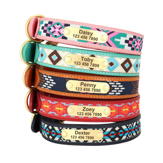 Ethnic Embroidery Personalized Dog Collar Handmade Leather Dog Cat Necklace for Small Medium Large Dogs Collars Pet Supplies