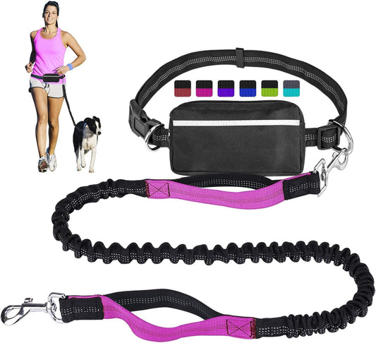 Hands Free Dog Leash for Running Walking Training Hiking, Dual-Handle Reflective Bungee, Poop Bag Dispenser Pouch, Adjustable Waist Belt, Shock Absorbing, Ideal for Medium to Large Dogs (Black W Pink)