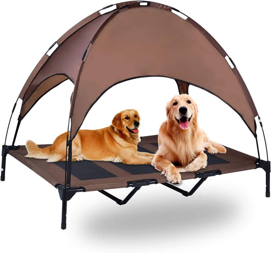 Elevated Pet Cot with Canopy, Portable Raised Pet Cot for Camping or Beach, Removable Canopy, Durable 1680D Oxford Fabric Raised Mesh Cot, Breathable Cooling Outdoor Dog Bed (Large, Brown)