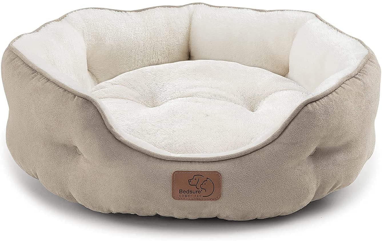 Dog Beds for Small Dogs - round Cat Beds for Indoor Cats, Washable Pet Bed for Puppy and Kitten with Slip-Resistant Bottom, 20 Inches, Taupe