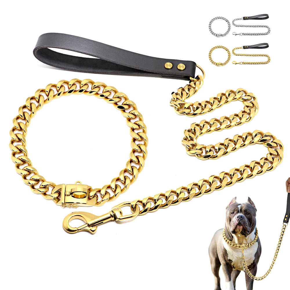 Stainless Steel Metal Gold Dog Accessories Chain Collar Leash Pet Training Collar for Medium Large Dogs Pitbull French Bulldog