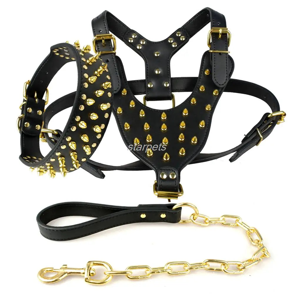 Cool Spiked Studded Leather Dog Harness Rivets Collar and Leash Set for Medium Large Dogs Pitbull Bulldog Bull Terrier 26"-34"