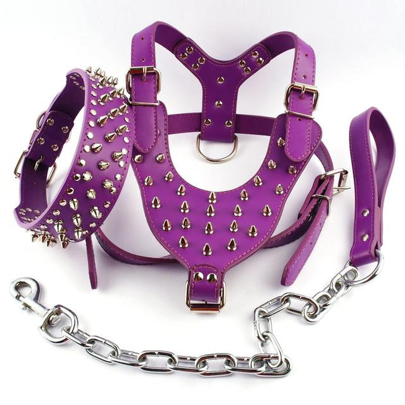 Purple Adjustable Cool Spiked Studded Leather Dog Harness Collar Leash Set for Large Dog Pitbull Boxer Mastiff Amstaff M L XL