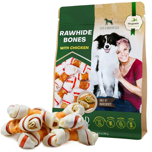 Dog Rawhide Treats Wrapped with Natural Chicken & Dog Chew Bones - Grain Free Organic Meat & Healthy Human Grade Dried Snacks in Bulk - Best Chews for Training Small & Large Pet - Made for USA